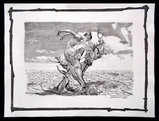 " Kocham cię życie " Ołówek i tusz na płótnie, 29,7 x 42 cm, w oprawie 43 x 53 cm.