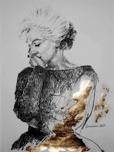 Rysunek - Marilyn Monroe. - rysunek węgiel i szlagmetal na papierze, 29,7 x 42 cm., w oprawie 40 x 50 cm.