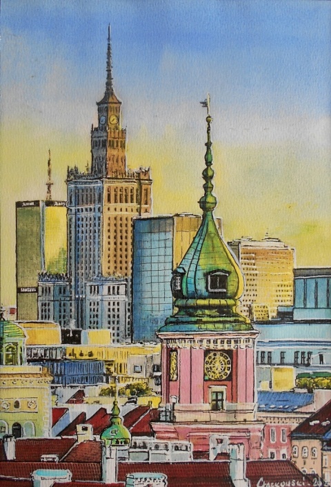 " Warszawski dzień " Gwasz na papierze , 18,5 x 27,5 cm, z oprawą 33 x43 cm.