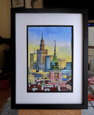 " Warszawski dzień " Gwasz na papierze , 18,5 x 27,5 cm, z oprawą 33 x43 cm.