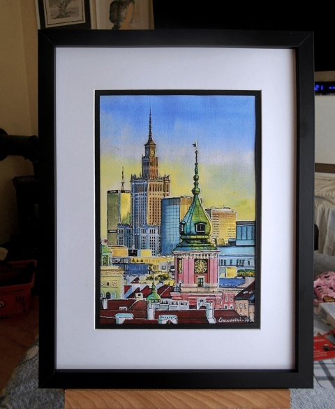 " Warszawski dzień " Gwasz na papierze , 18,5 x 27,5 cm, z oprawą 33 x43 cm.