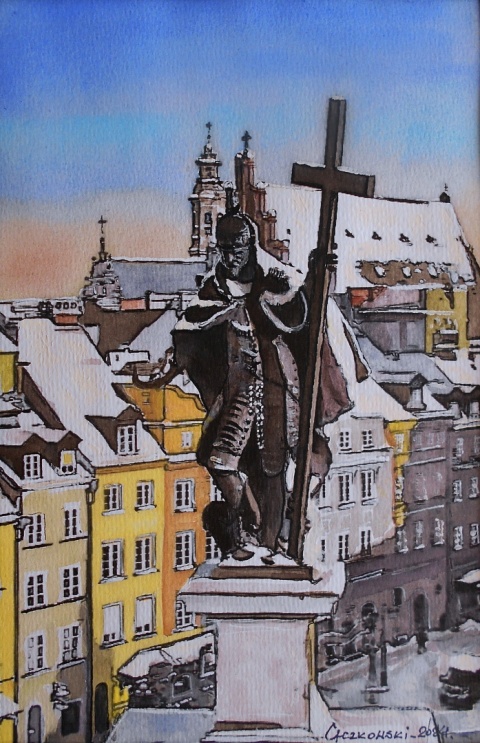 " Warszawski dzień " Gwasz na papierze, 17 x 26cm, z oprawą 33 x 43cm.