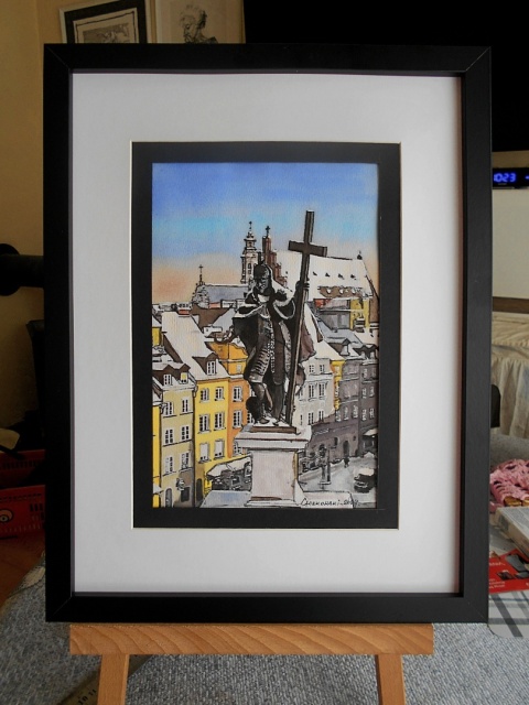 " Warszawski dzień " Gwasz na papierze, 17 x 26cm, z oprawą 33 x 43cm.